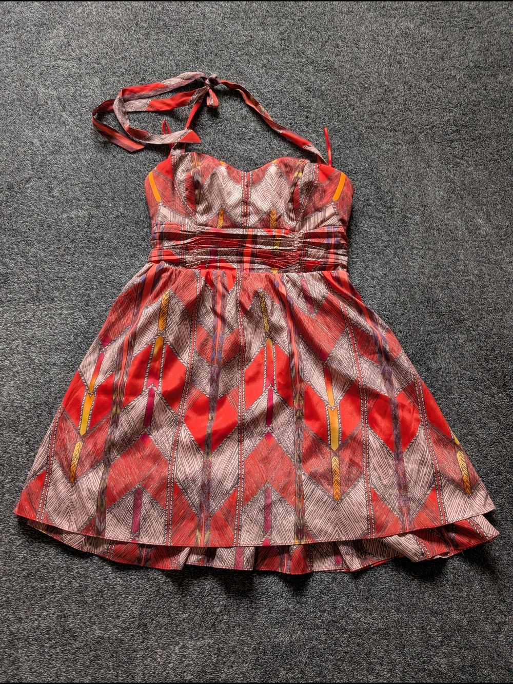 Guess Red Satin Halter Dress with Patterned Trim